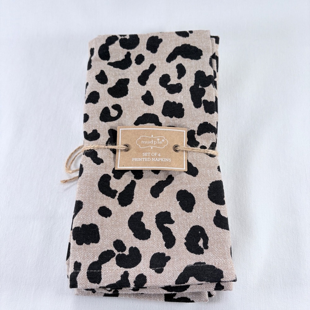 Mud Pie‎ Printed Napkins Set of 4 Tan Black Cheetah Animal Print Linen Blend